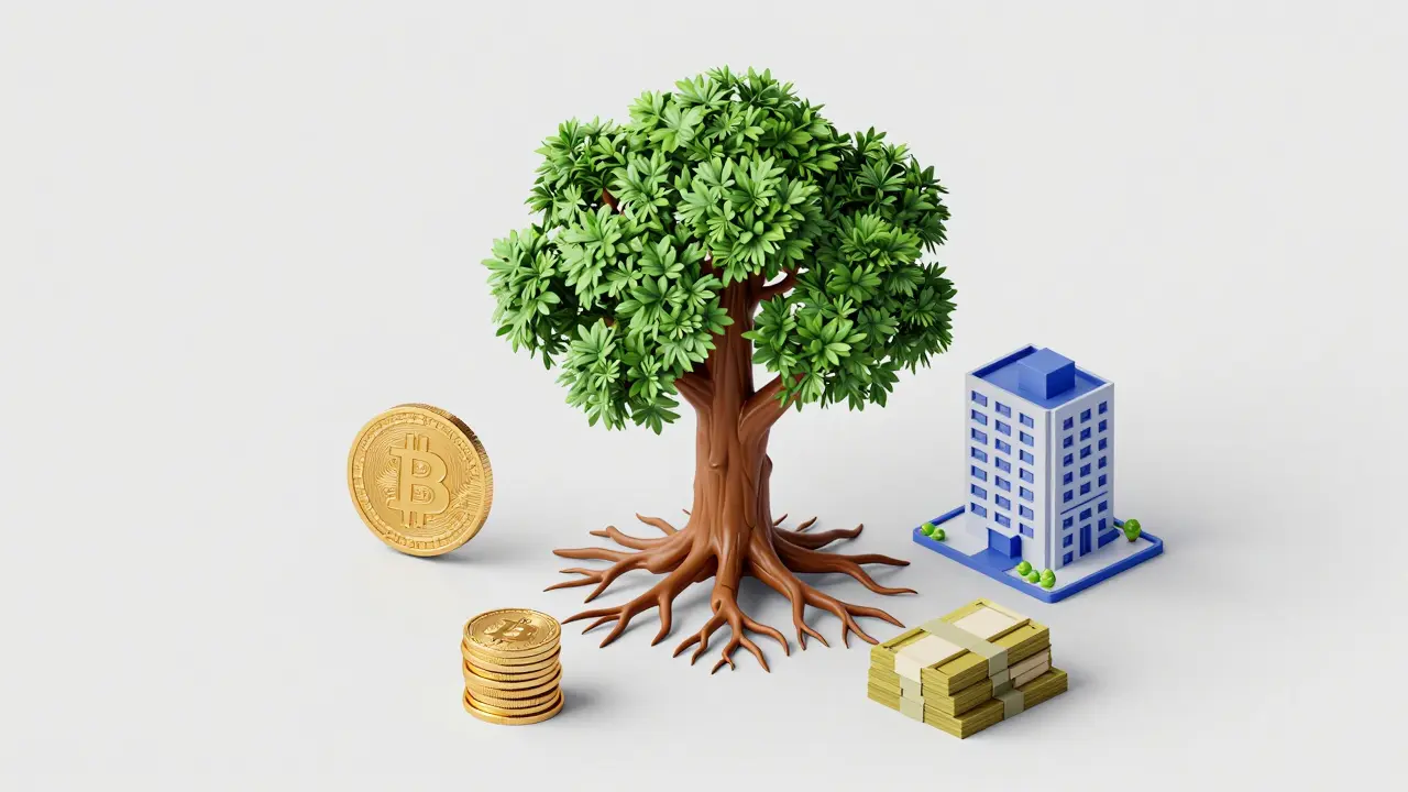 Izometrická ilustrace diverzifikovaného portfolia s ETF, kryptoměnami a nemovitostmi.