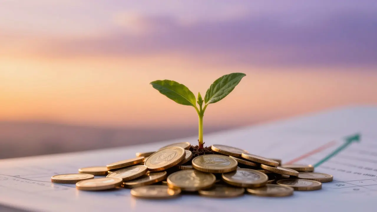 Kliček rostoucí z hromady zlatých mincí symbolizující složený úrok.