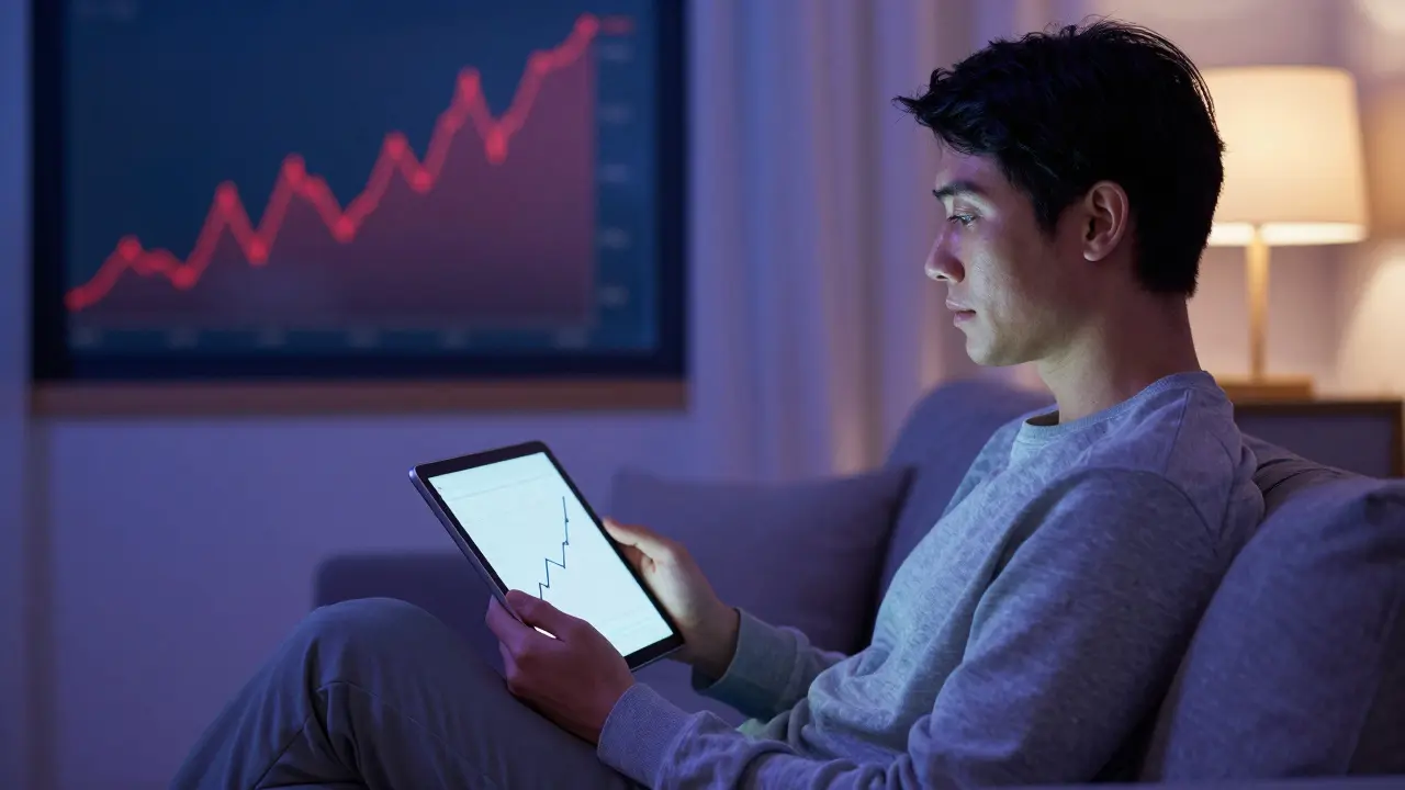 Klidný člověk sledující růst svých investic na tabletu v pokojné atmosféře.