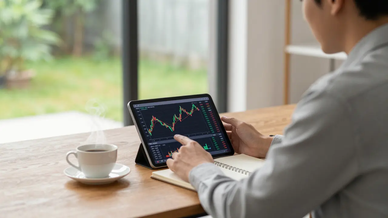 Klidný investor v moderní kanceláři sleduje vývoj trhu s chladnou hlavou.