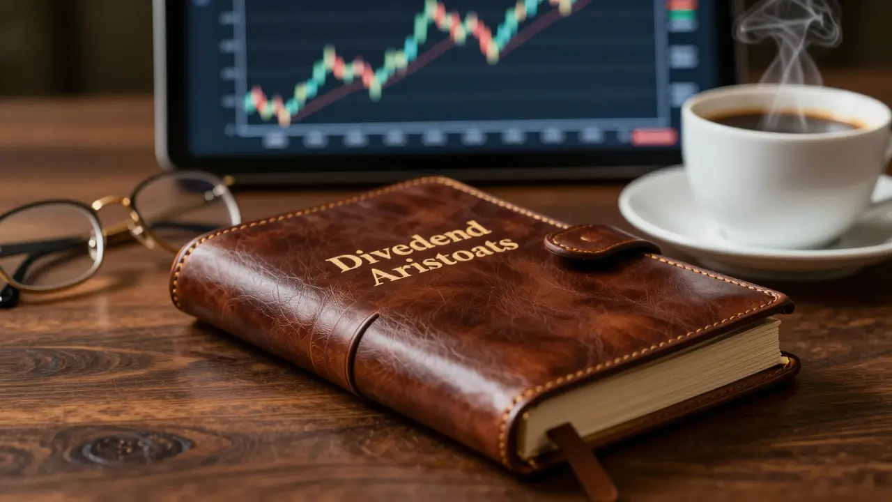 Kniha v koženém vazu a grafy symbolizující stabilitu dividendových akcií.