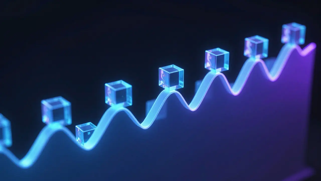 Konceptuální 3D vizualizace strategie průměrování nákladů DCA na vlnovém grafu.