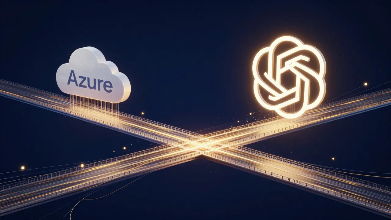 Konceptuální digitální most spojující Microsoft Azure a symboly neuronové sítě OpenAI.