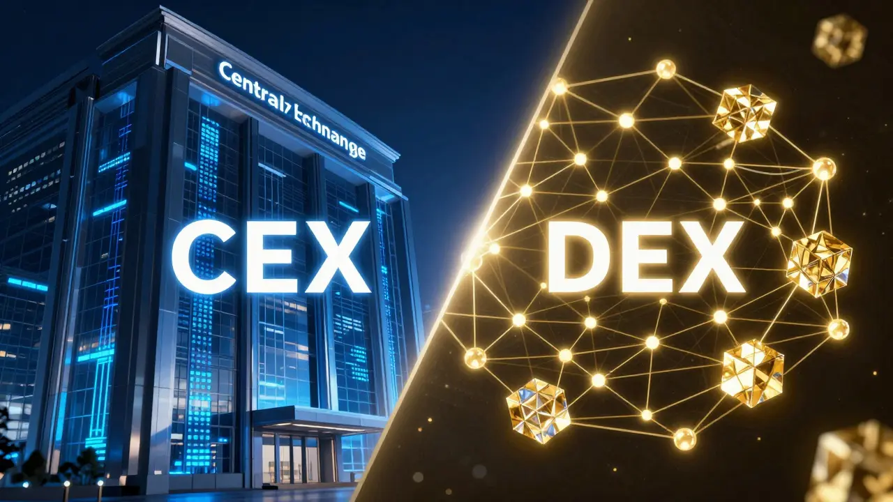 Konceptuální obraz rozdílu mezi centralizovanou a decentralizovanou burzou