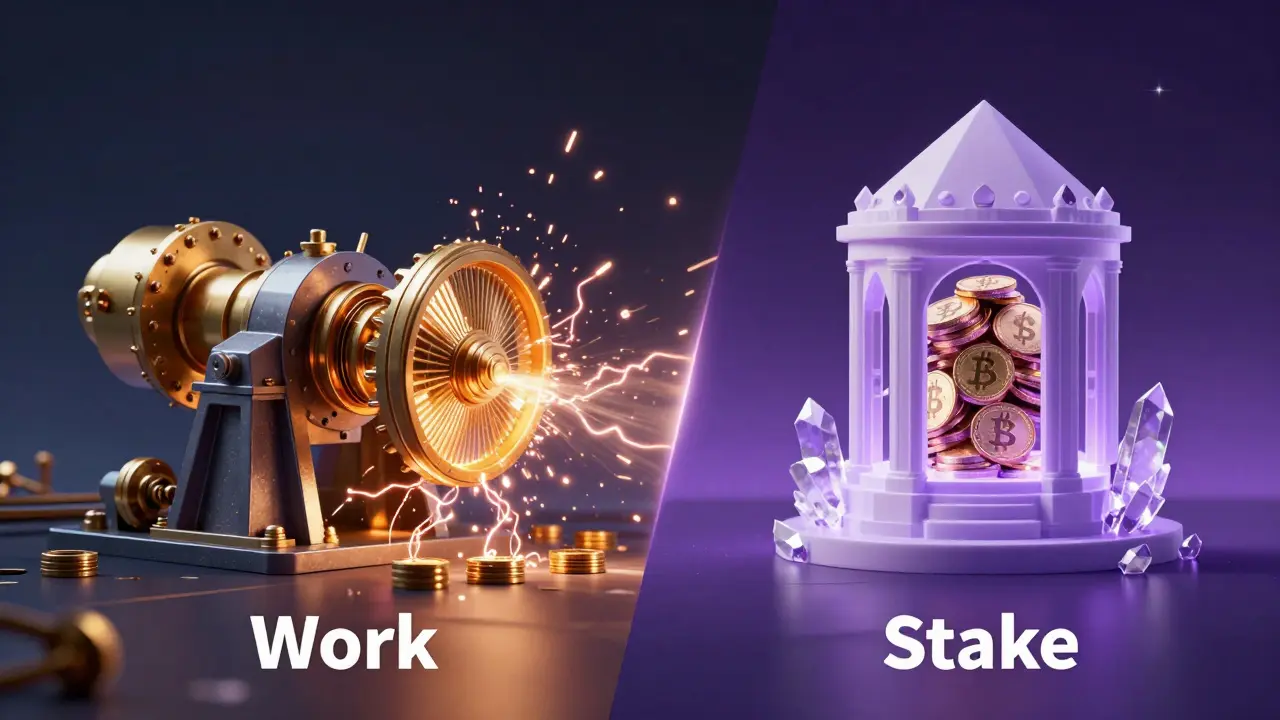 Konceptuální srovnání Proof of Work a Proof of Stake pomocí symbolů energie a kapitálu.