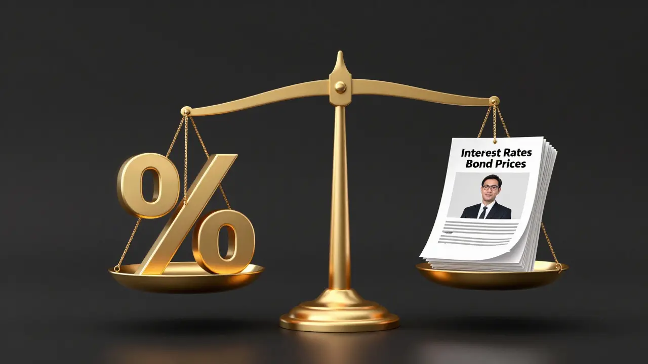 Konceptuální váha znázorňující inverzní vztah mezi úrokovými sazbami a cenami dluhopisů.