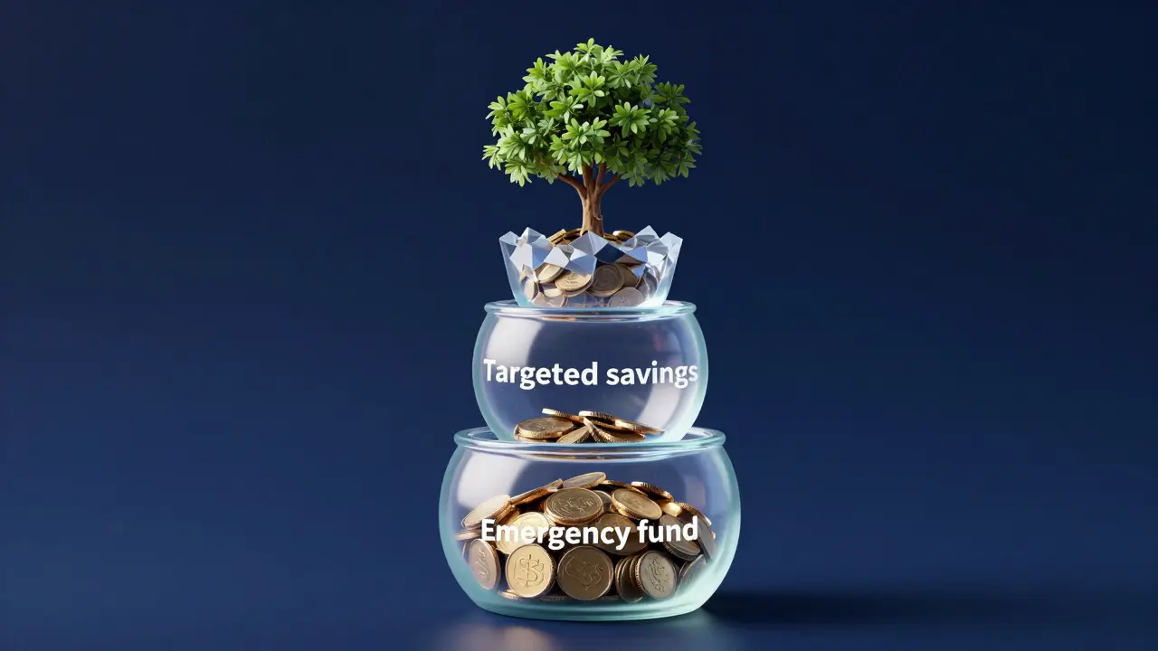 Konceptuální znázornění vrstevnatého systému úspor od rezervy po investice.