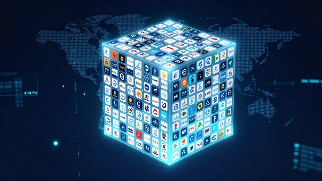 Krystalický cube symbolizující ETF fond obsahující stovky různých společností.