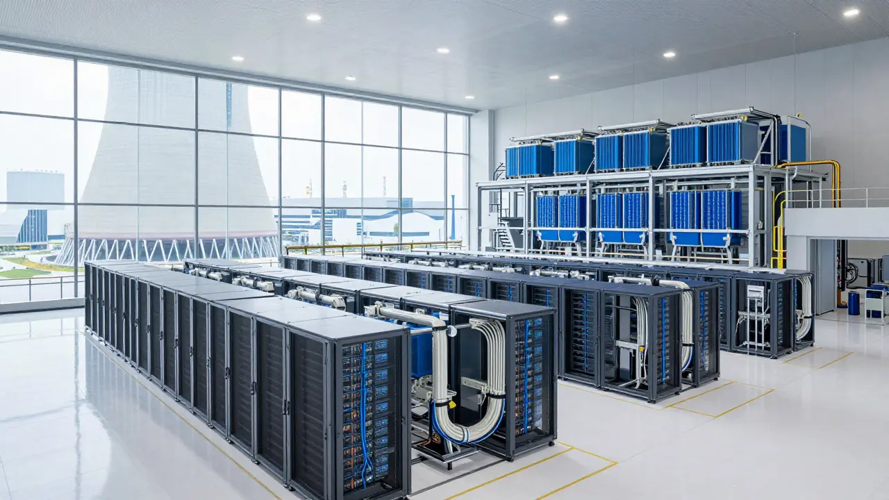 Moderní datové centrum s chladicím systémem a energetickou infrastrukturou v pozadí.