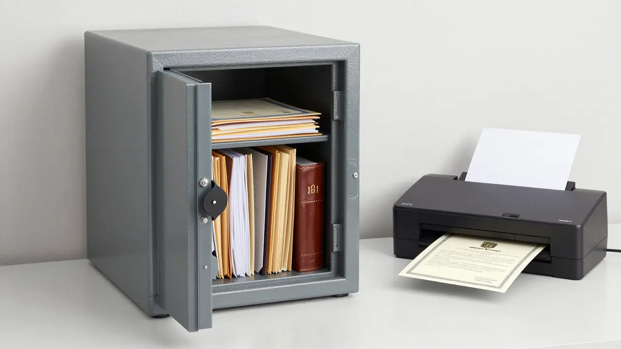 Otevřený bezpečnostní trezor s fyzickými akciemi a skenerem pro digitální archivaci.