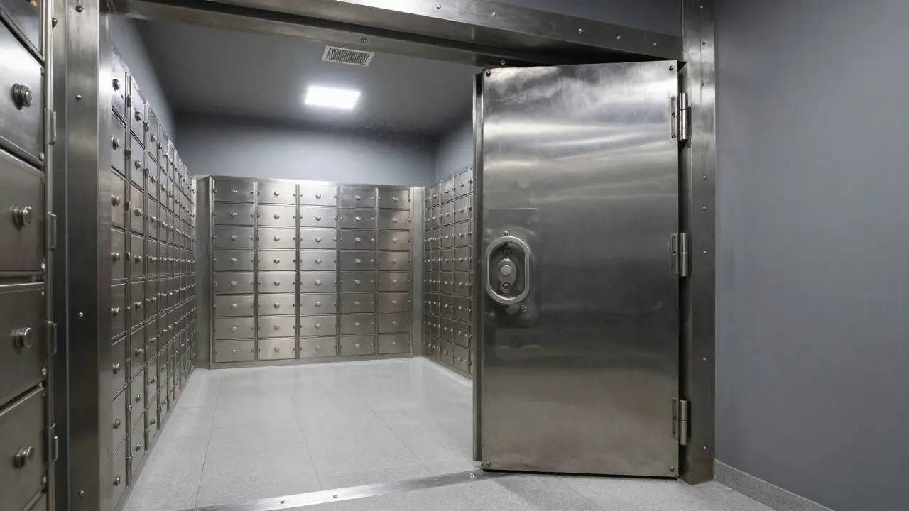 Pohled do interiéru bankovních trezorů a bezpečných schránek.