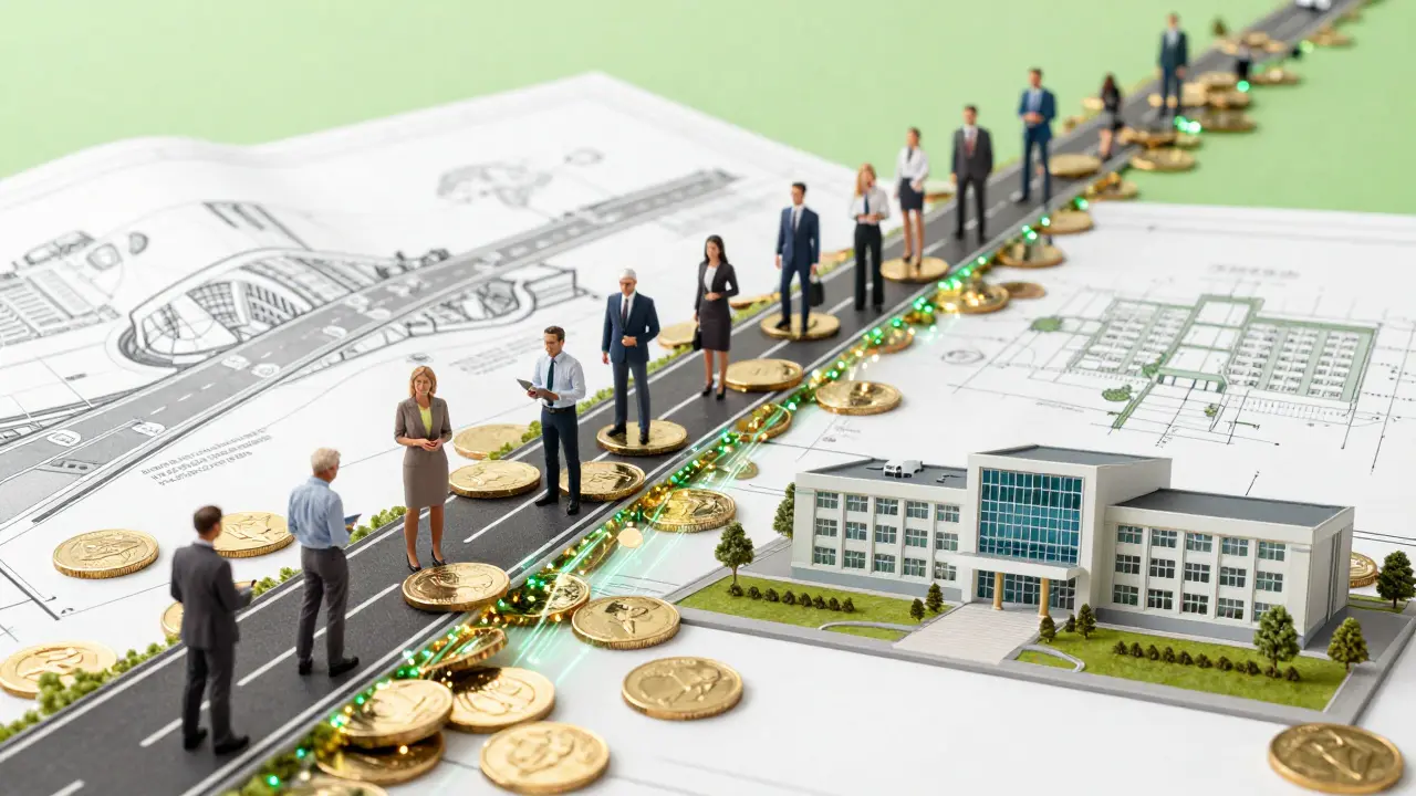 Proud peněz od investorů směřující do výstavby dálnic a škol.