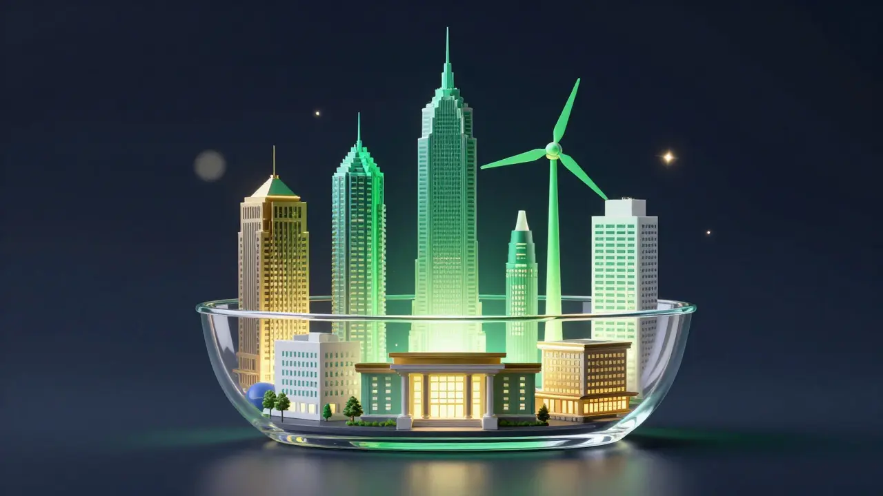 Průhledný koš s ikonami různých globálních firem představující diverzifikaci v ETF fondu.