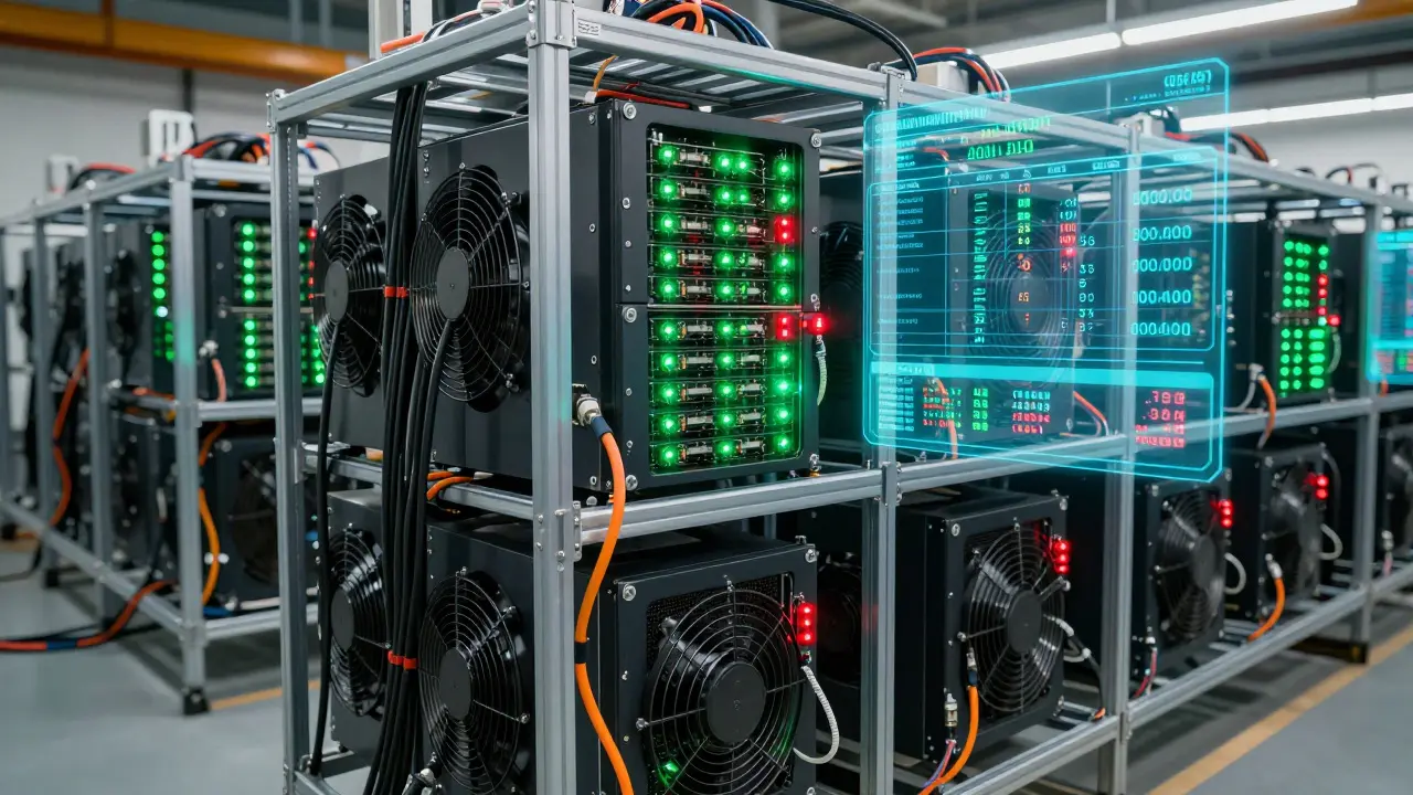 Průmyslová krypto-těžební farma s holografickými výpočty nákladů.