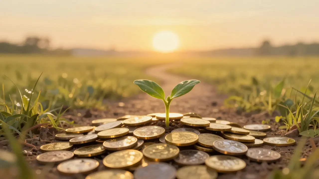 Rostoucí zelený lístek z hromady zlatých mincí symbolizující dlouhodobý zisk.