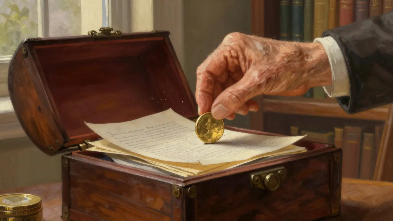 Ručka vkládá zlatou minci do truhlice pro dlouhodobé uložení.