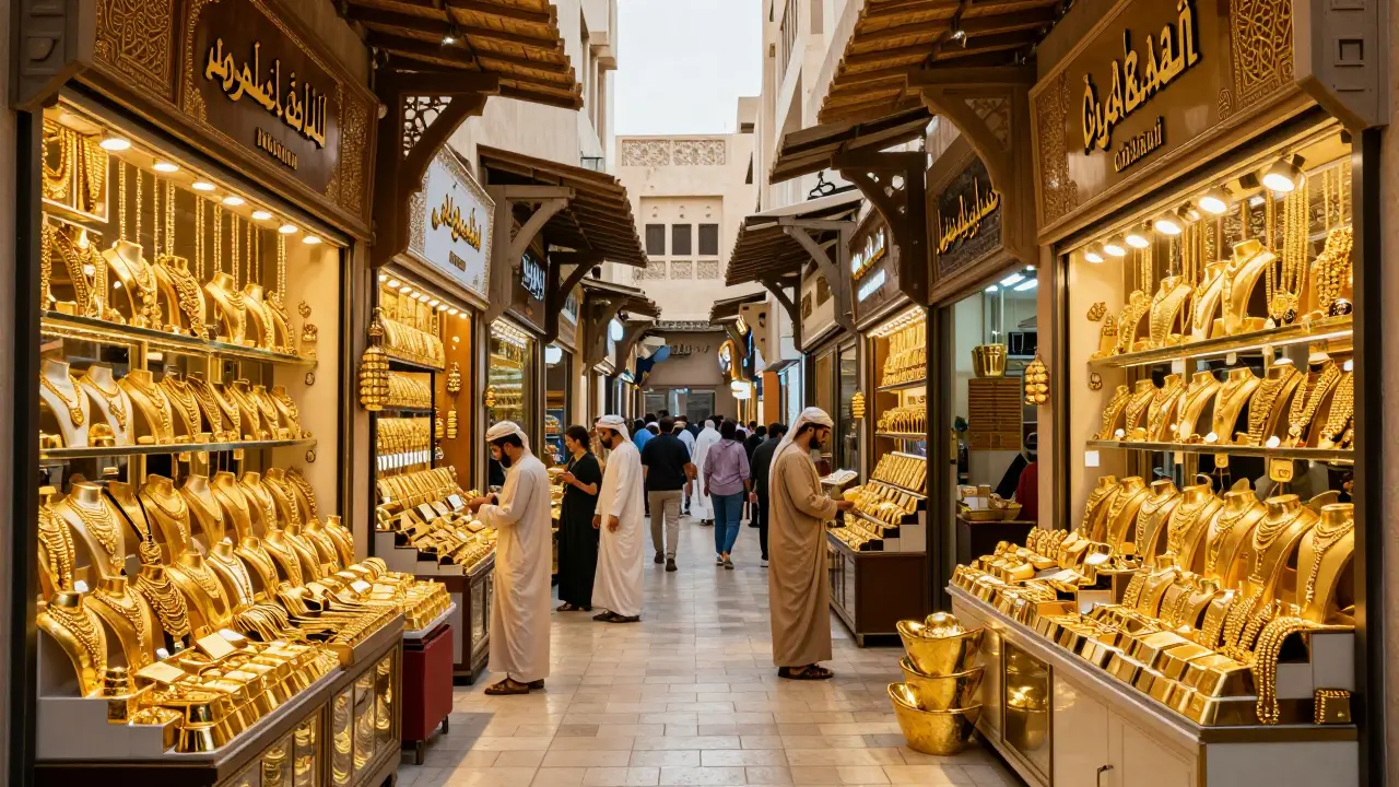 Rušný zlatý bazar v Dubaji s množstvím zlatých šperků a ingotů vlajkách