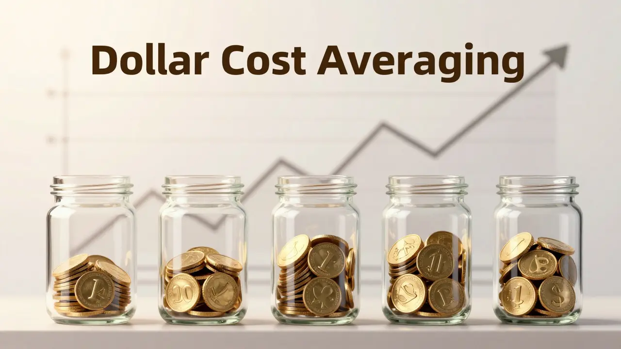 Série sklenic s mincemi znázornující strategii pravidelného investování DCA.