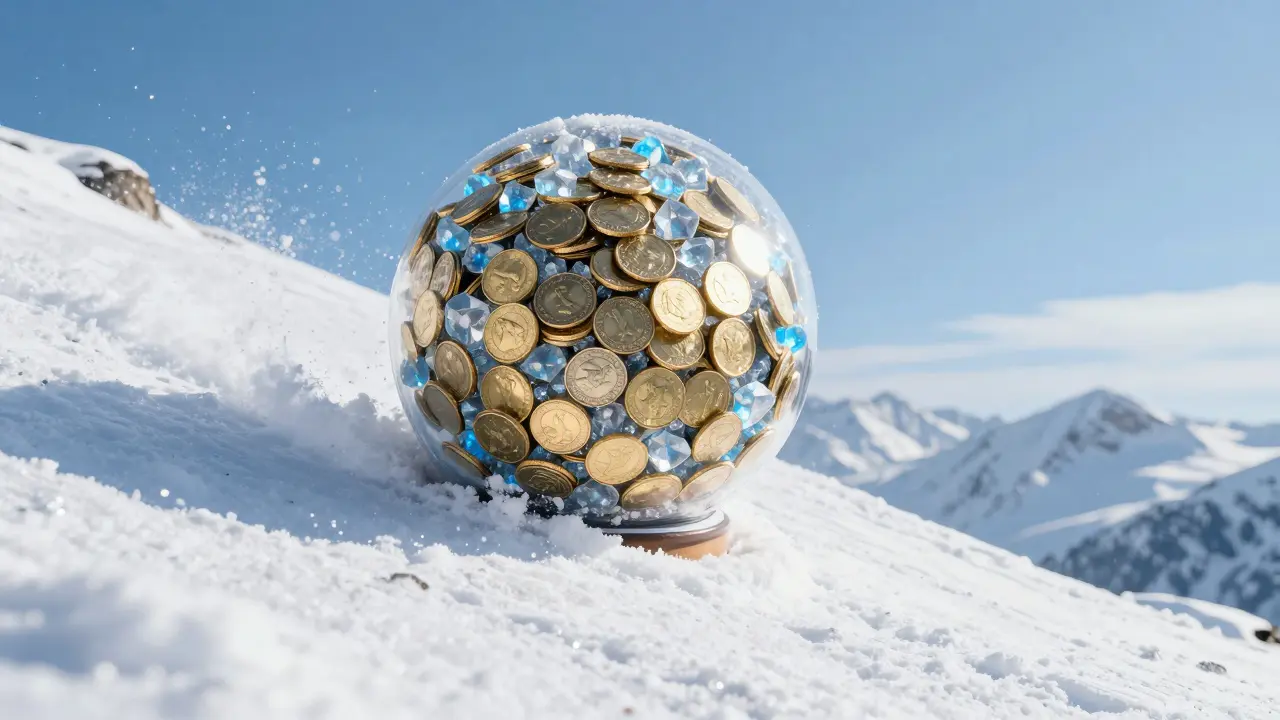Sněhová koule z goldených mincí symbolizující fungování složeného úroku.