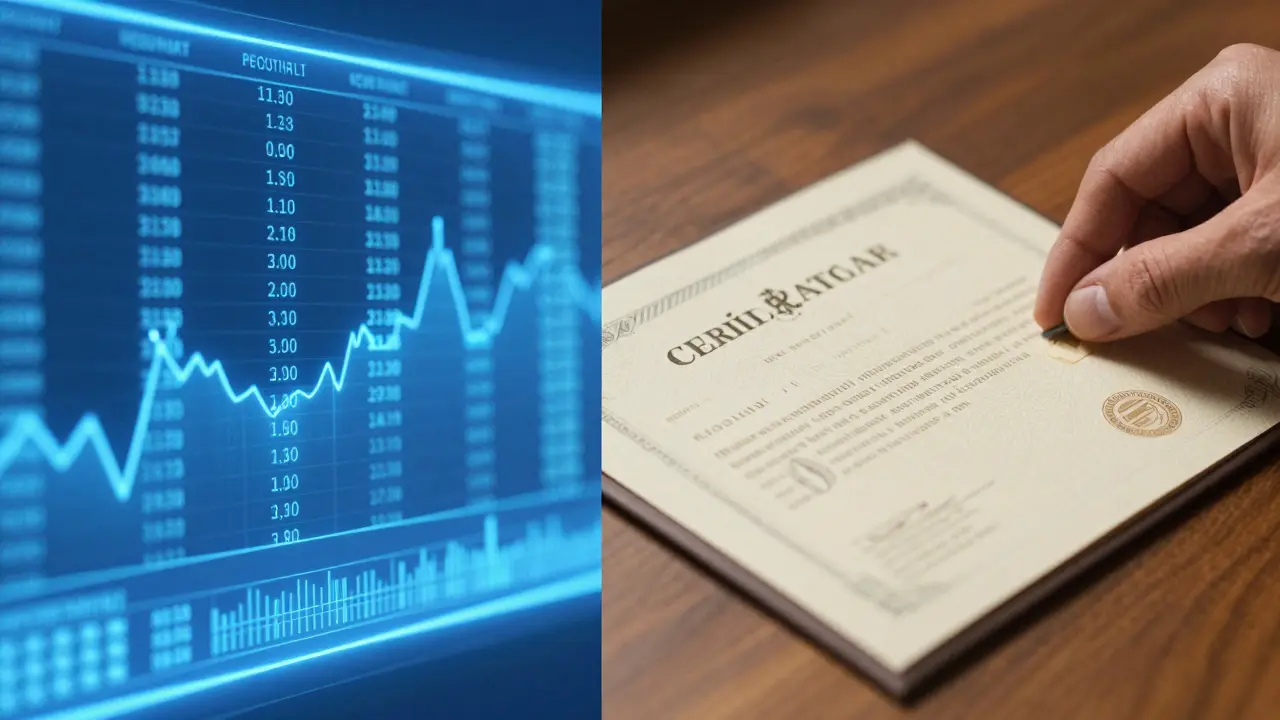 Srovnání digitálního portfolia akcií a fyzické listiny v ochranném archivním obalu.