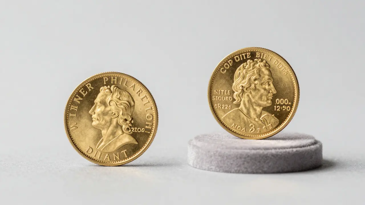 Srovnání investiční zlaté mince a vzácné sběratelské mince na šedém pozadí