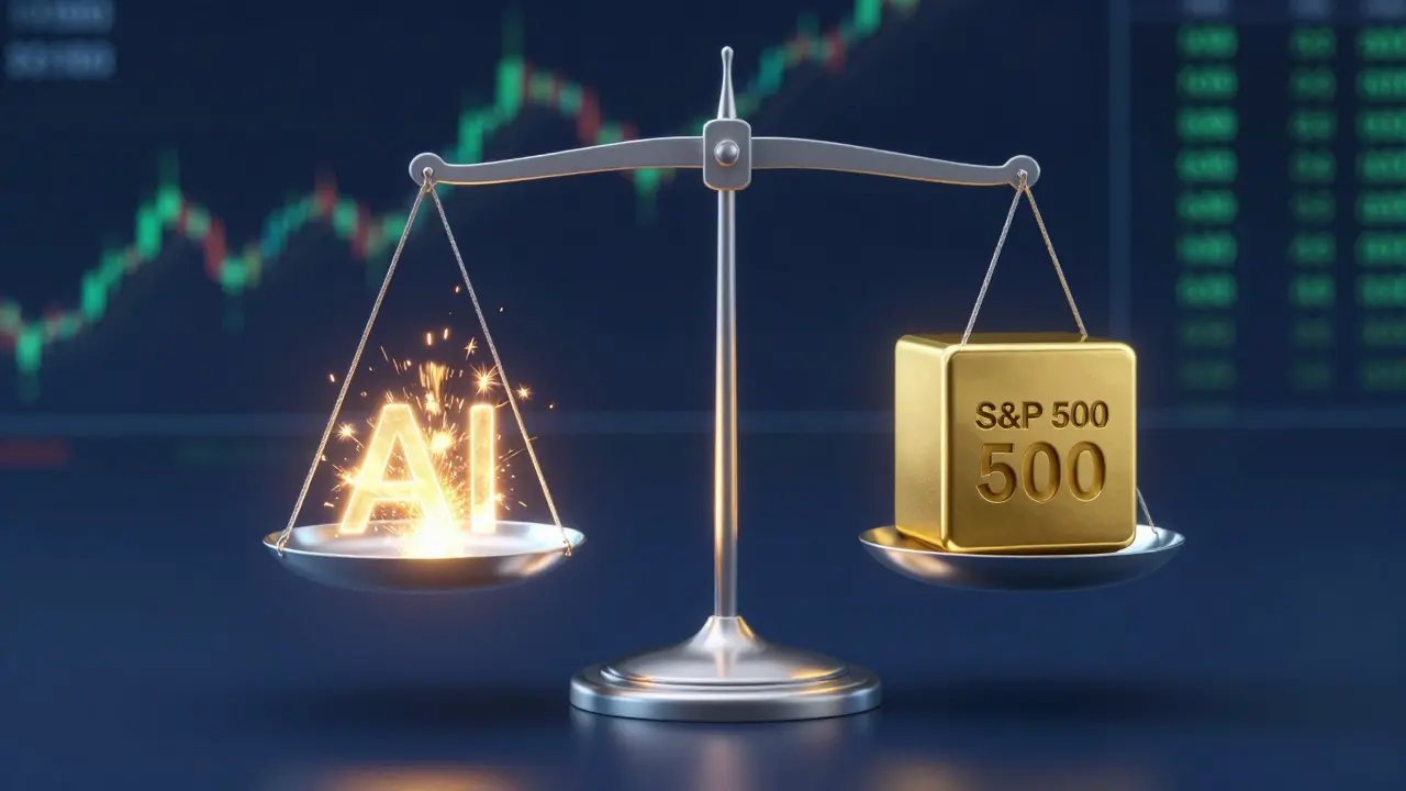 Symbolické vyvážení investičního portfolia mezi rizikovými AI akciemi a stabilními indexy.