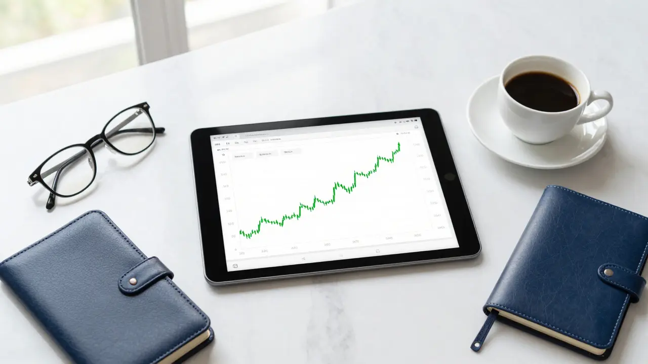 Tablet s grafem akcií na bílém stole vedle kávy a notebooku.