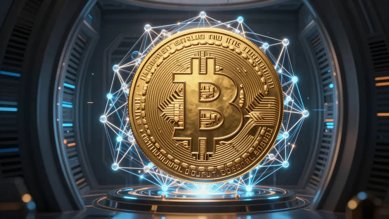 Umělecký obraz Bitcoinu jako digitálního zlata v rámci blockchainové sítě.