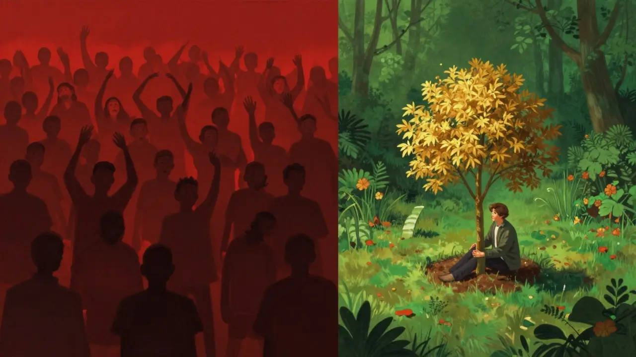 Umělecký obraz kontrastu mezi panikou na trhu a klidným, dlouhodobým investováním.