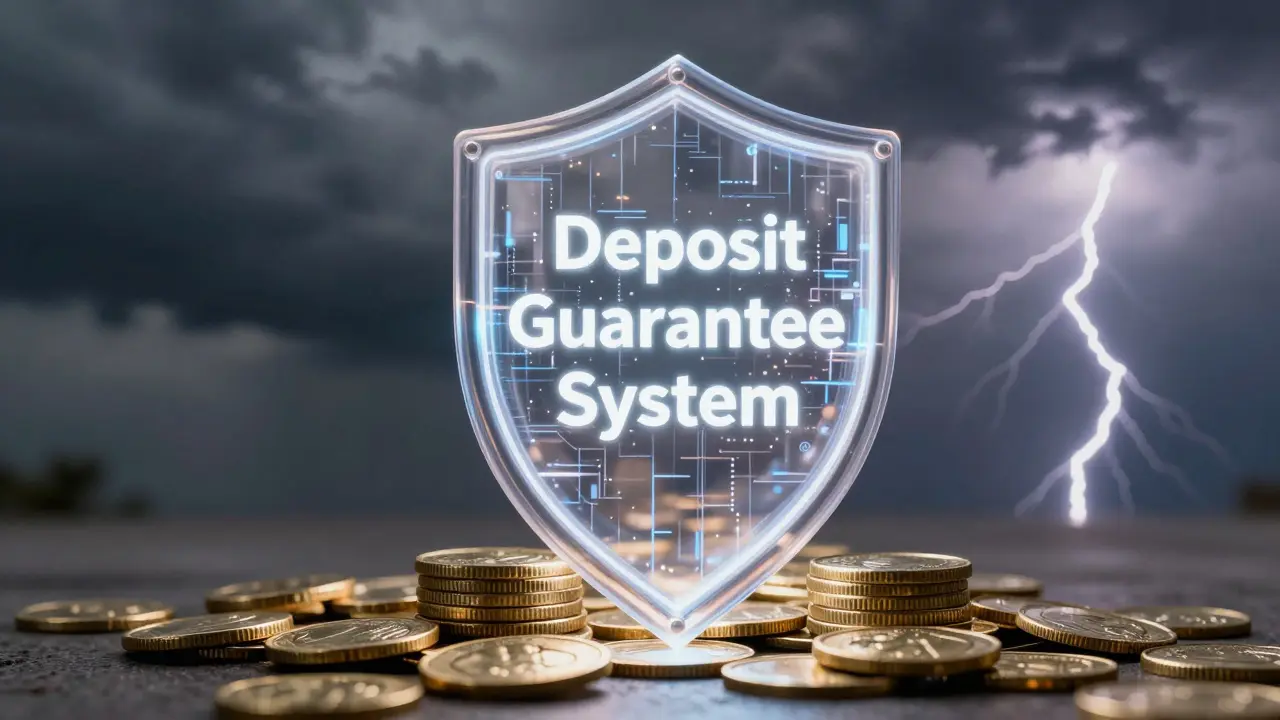 Zlaté mince chráněné světelným štítem symbolizující bezpečnost vkladů.