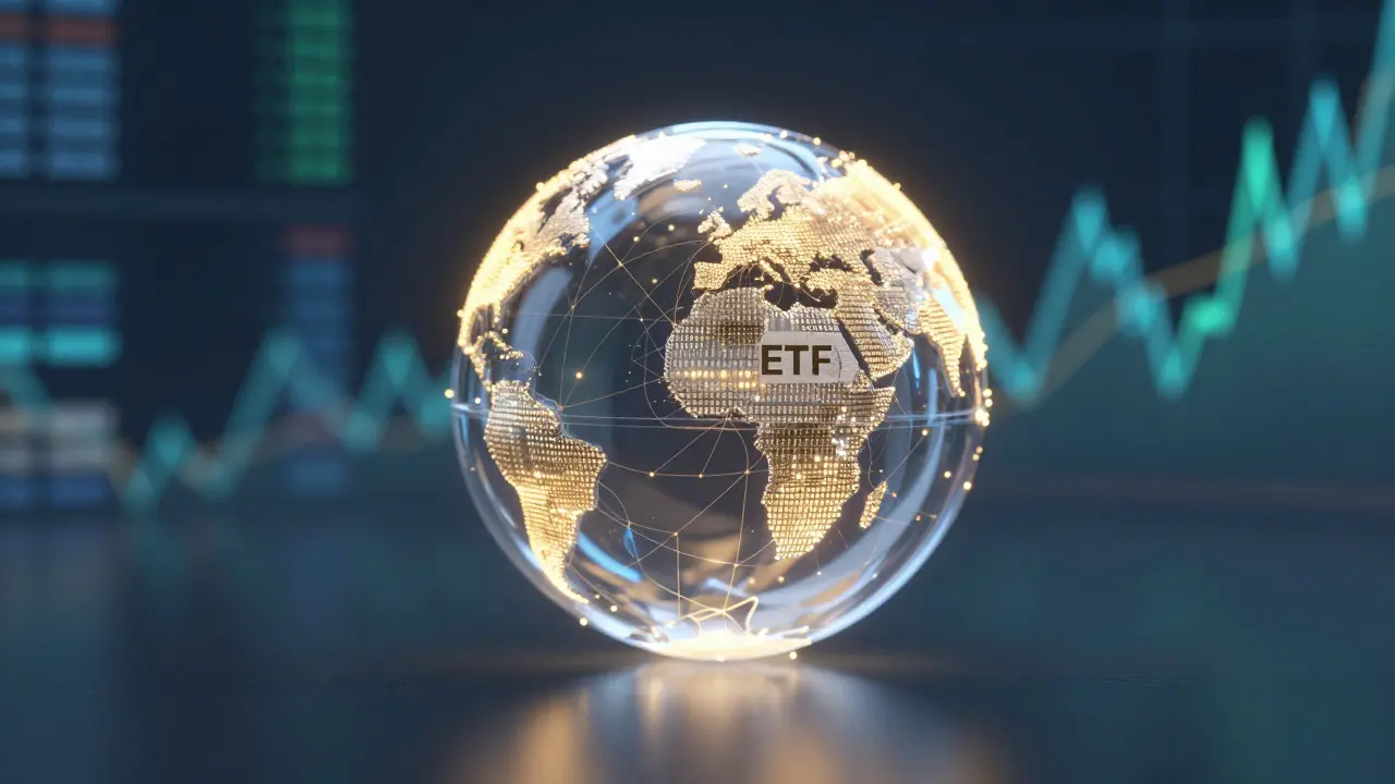 Abstraktní globus s propojenými uzly představující ETF