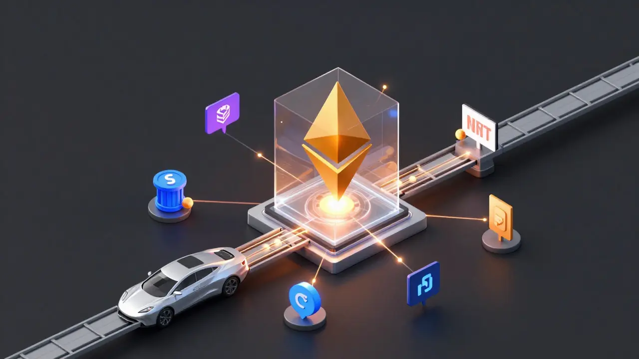 Abstraktní vizualizace blockchainových platforem a chytrých kontraktů.