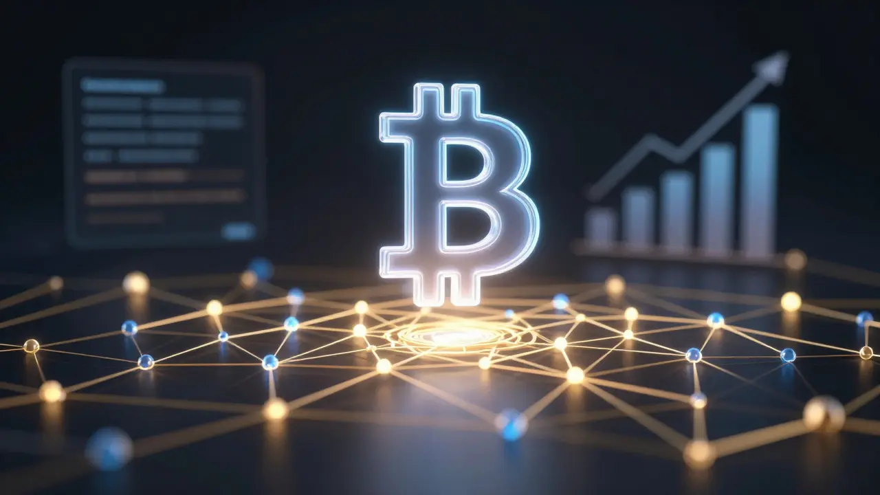 Abstraktní vizualizace blockchainu a kryptoměn v futuristickém stylu