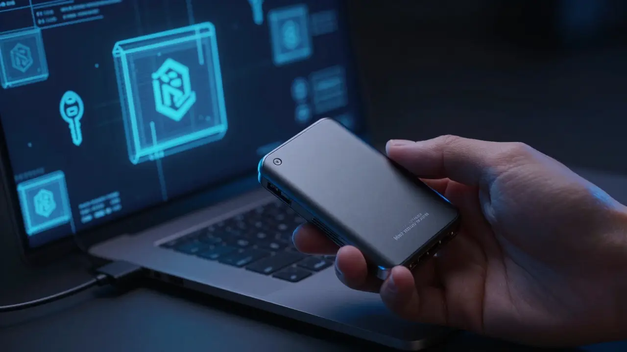 Hardware peněženka připojená k notebooku pro bezpečné uložení Bitcoinu