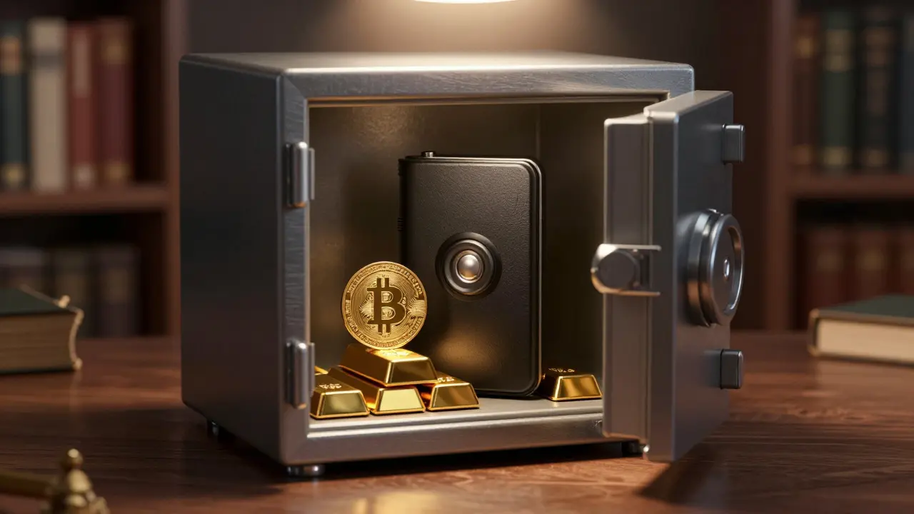 Hardwarová peněženka s bitcoiny bezpečně uložená v trezoru vedle zlata