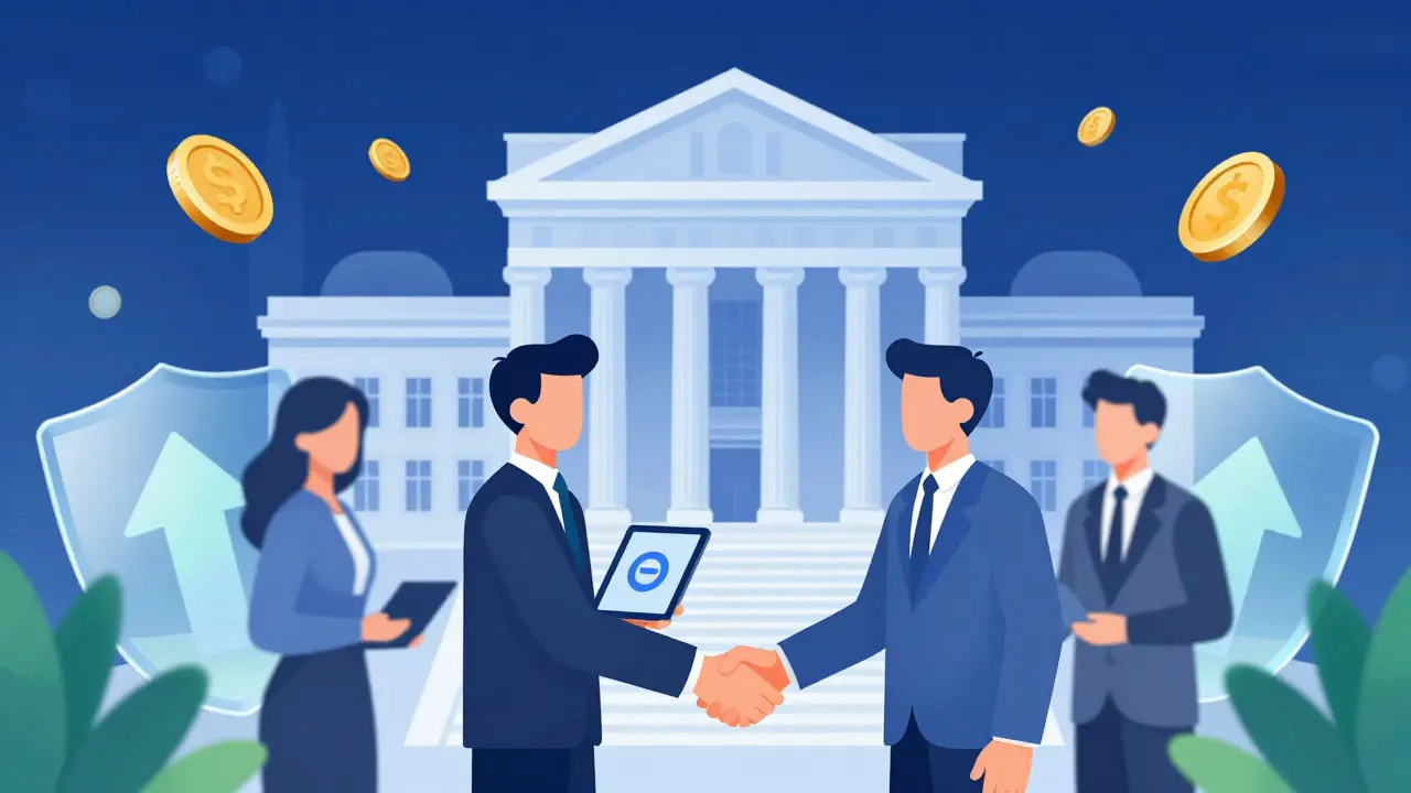 Ilustrace IPO s rukopodem mezi startupem a investory před budovou burzy.