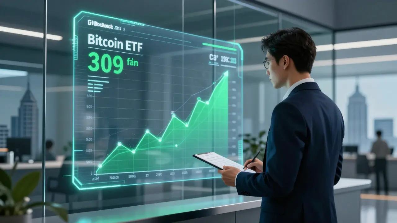 Investor sleduje růst BTC ETF na holografickém displeji v moderní kanceláři