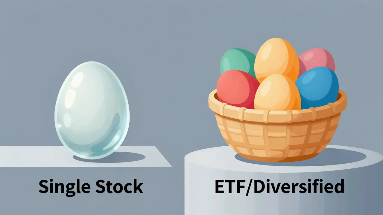 Konceptuální srovnání rizika jedné akcie versus diverzifikace pomocí ETF fondů