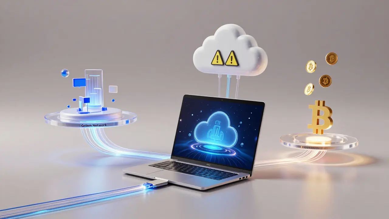 Konceptuální vizualizace alternativ k těžbě, jako je cloud nebo prodej výkonu.