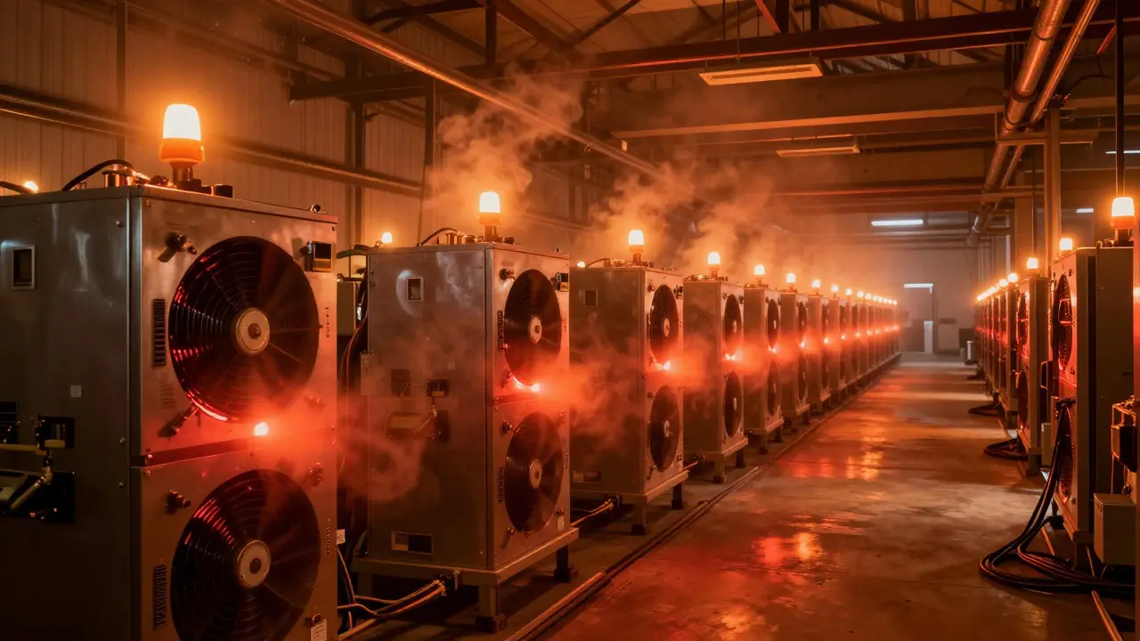 Rozsáhlý průmyslový důl s řadami horkých ASIC minerů