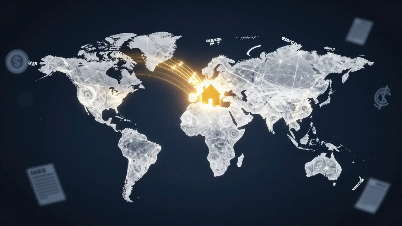 Abstraktní mapa světa s proudy zlatého světla symbolizujícími dividendy