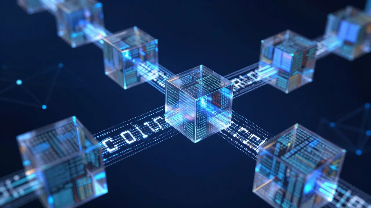 Abstraktní vizualizace bezpečného blockchainu s propojenými bloky