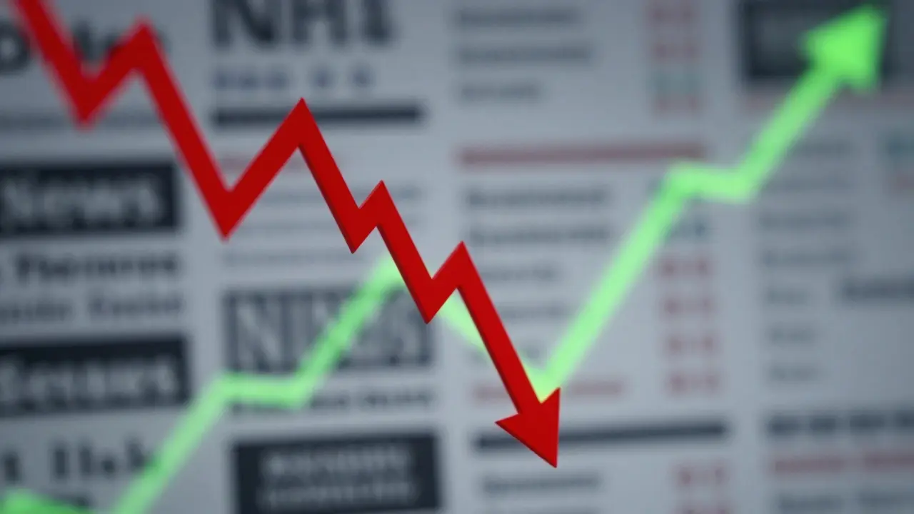 Abstraktní zobrazení tržní volatility s klesající červenoou čarou a stabilním dlouhodobým růstem.