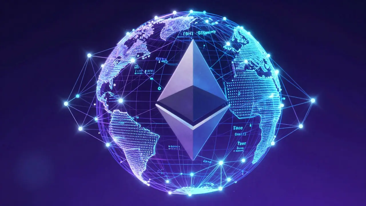 Futuristická ilustrace ethereum sítě jako globálního decentralizovaného počítače