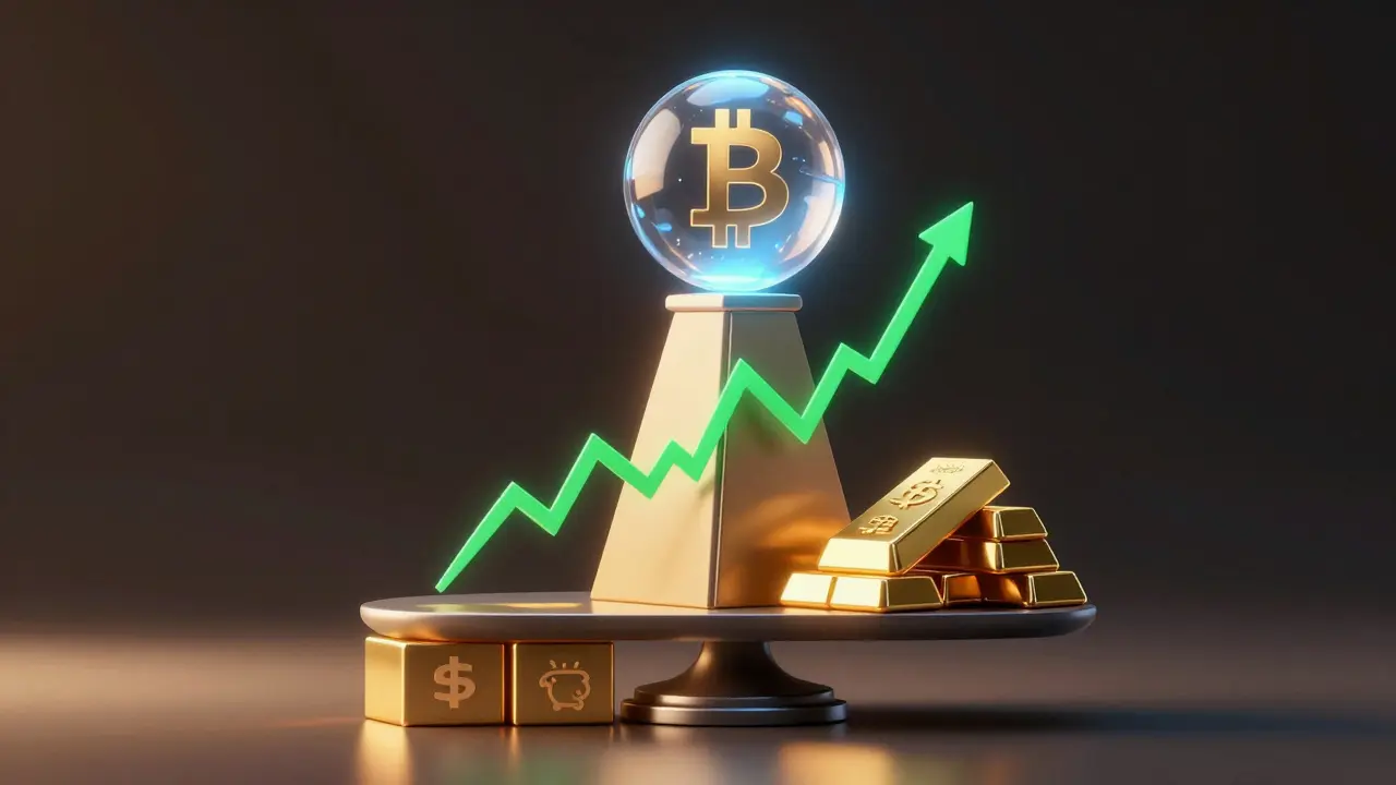 Konceptuální ilustrace diverzifikovaného portfolia s akcemi, dluhopisy, zlatem a Bitcoinem