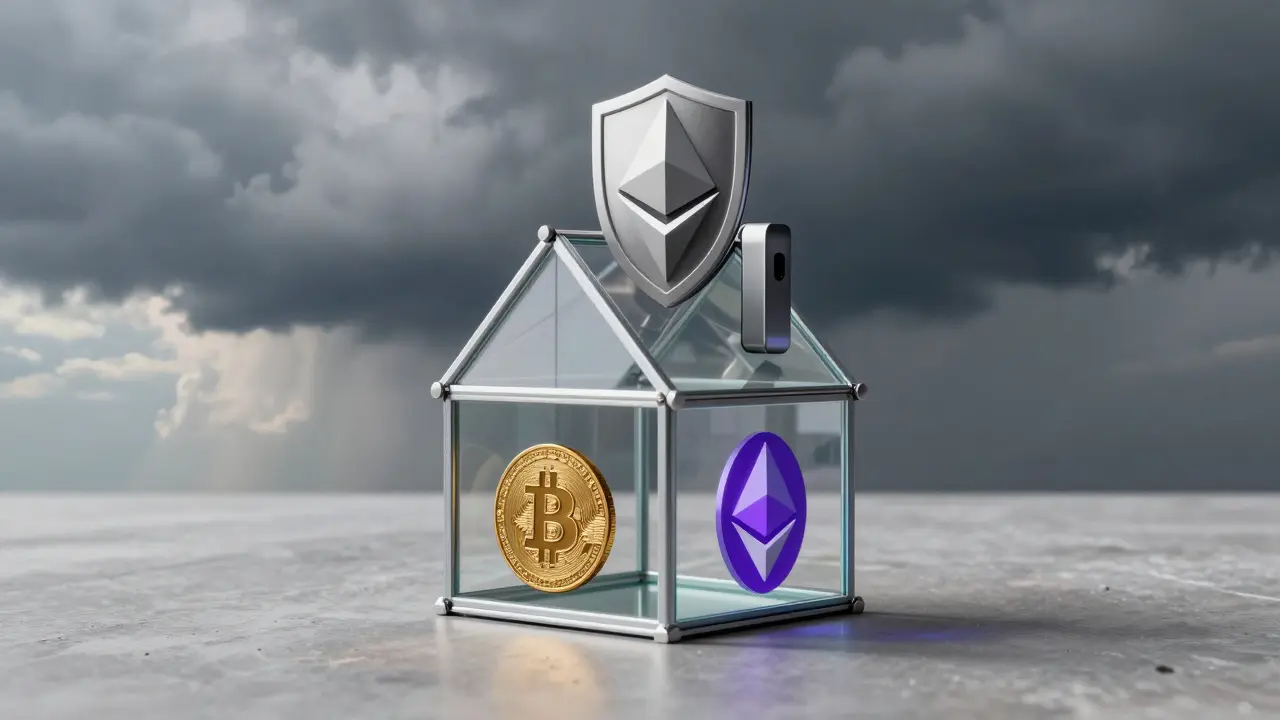 Metaphorický dům představující vyvážené krypto portfolio a bezpečnost