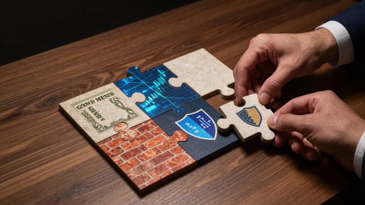 Ruce skládají puzzle z různých investičních aktiv do tvaru štítu.