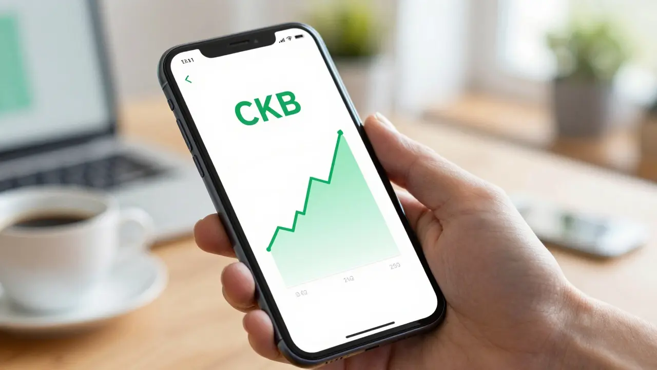 Ruka drží chytrý telefon s aplikací pro nákup cenných papírů CKB