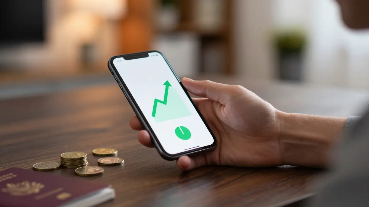 Ruka držící chytrý telefon s investiční aplikací na stole s mincemi CZK