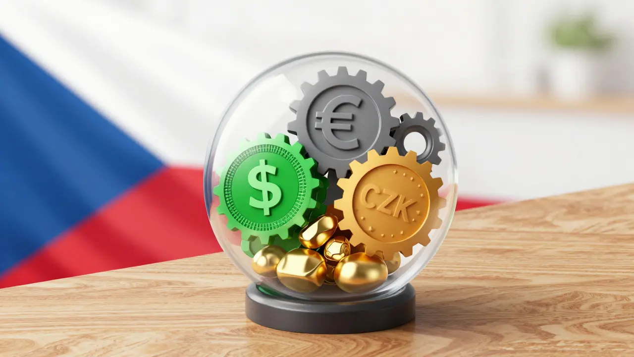 Sféra portfolia s USD, EUR, CZK a zlatem